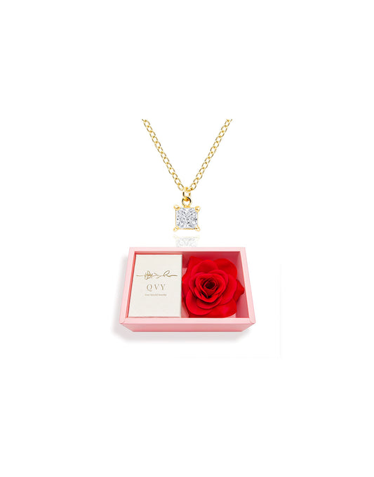 14K Gold Plated CZ Solitaire Necklace for Women • Princess Cut Square Rectangle Rhombus Cubic Zirconia Diamond Pendant Jewelry • Tarnish Free Adjustable Chain [CZN] (Rose Gift Box, Princess-Gold)