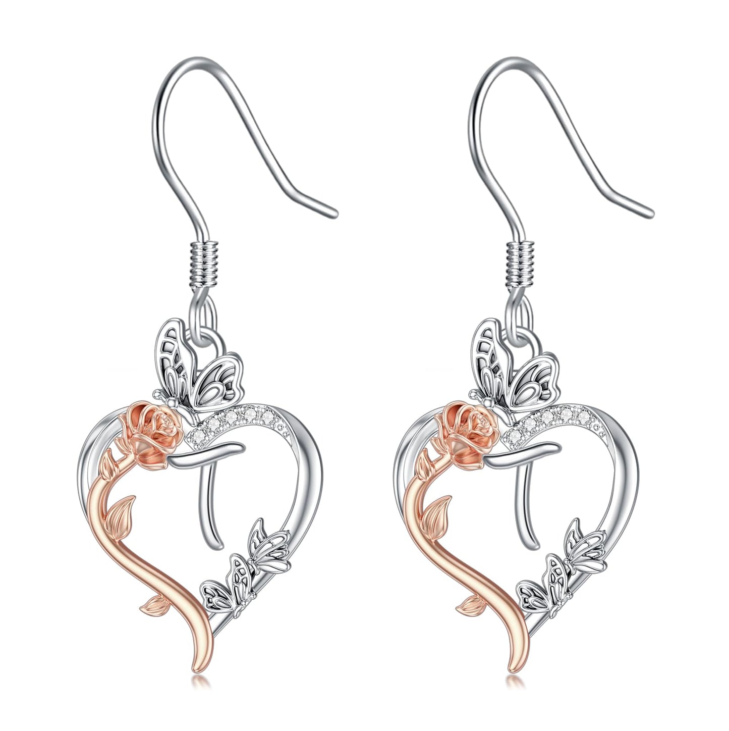 TOUPOP Rose Heart Initial Earrings Sterling Silver Butterfly Earring Initial T Letter Drop Dangle Earrings Jewelry Anniversary Birthday Mothers Day Gifts for Women Mom Wife Girlfriend Her