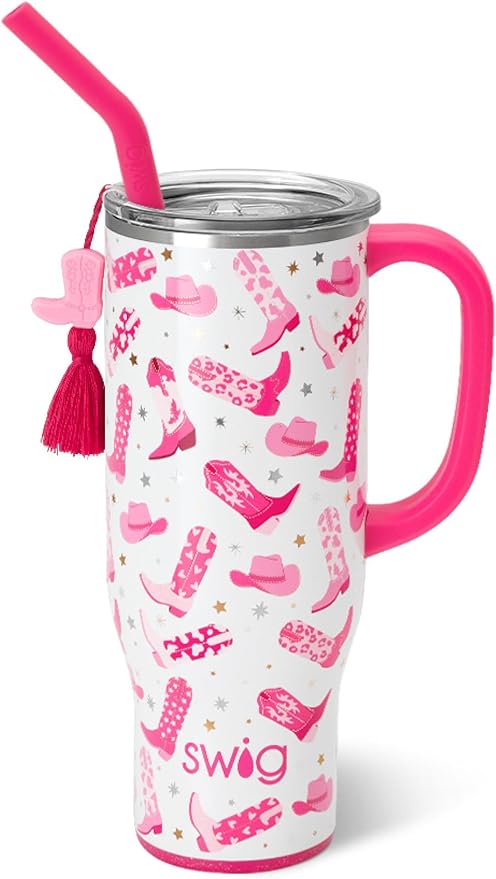 Swig Life 30oz Mega Mug, 30 oz Tumbler with Handle and Straw, Cup Holder Friendly, Dishwasher Safe, Extra Large Insulated Tumbler, Stainless Steel Water Bottle (Let's Go Girls)