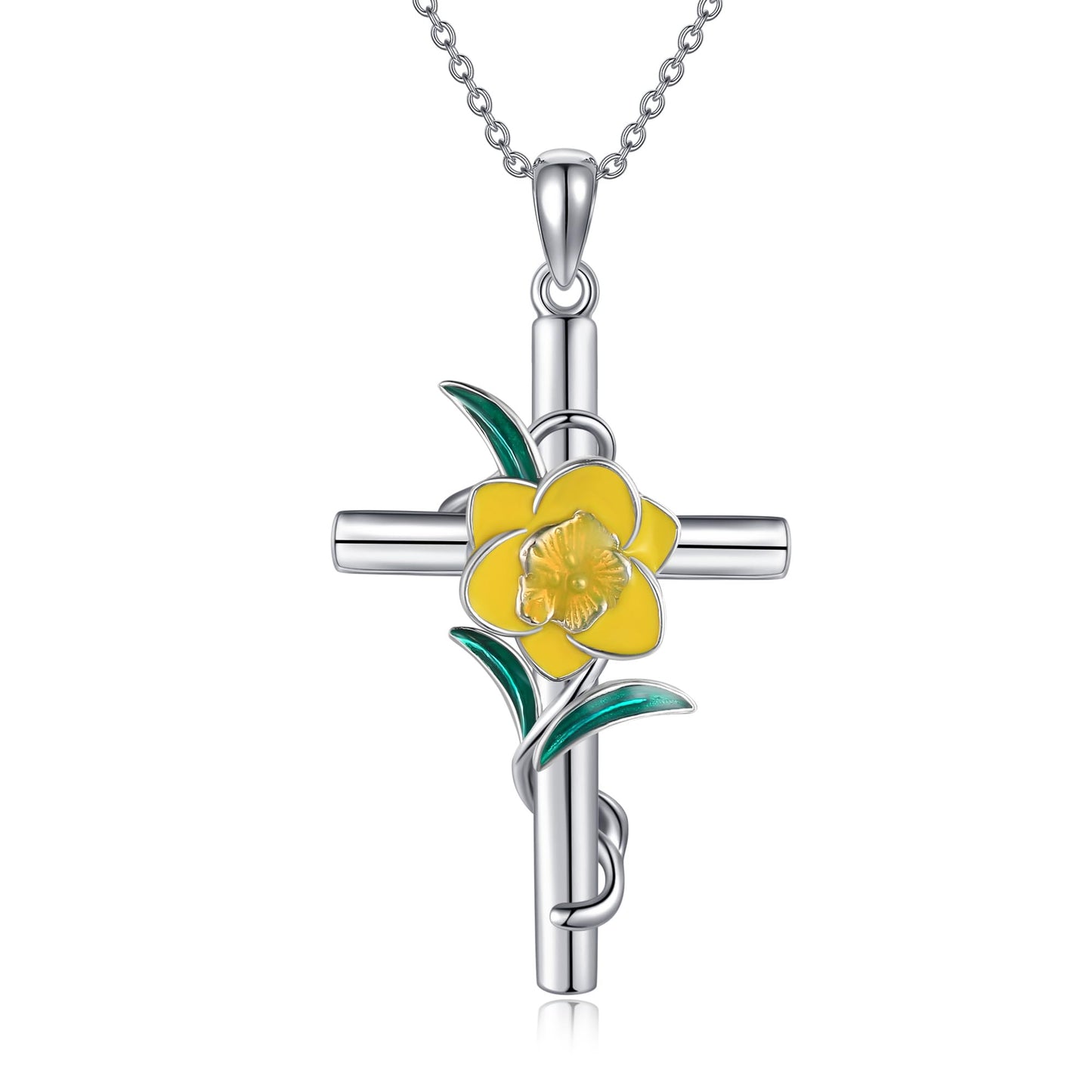 Daffodil Necklace 925 Sterling Silver Cross Daffodil Pendant Necklace March Birth Flower Jewelry for Women Gifts