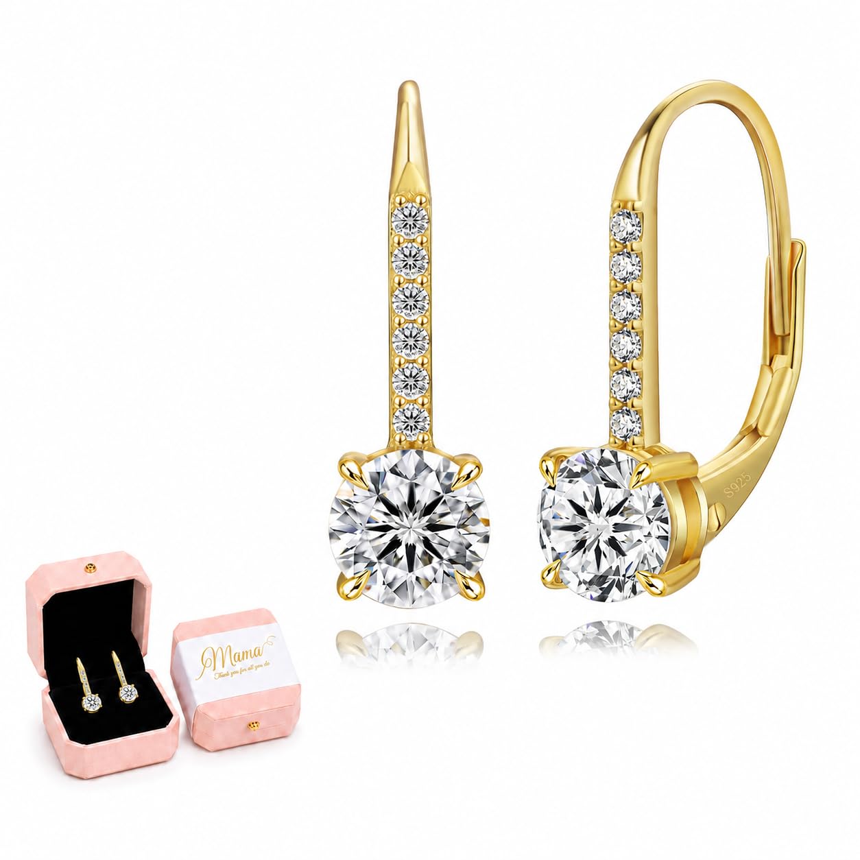 KRKC Moissanite Earrings, 1.0ct-2.0ct D Color Lab Created Diamond Earring, 14k Golden Plated Sterling Silver Dangle Earrings S925 Leverback Drop Earring for Women Hypoallergenic Gifts for Mom Wife