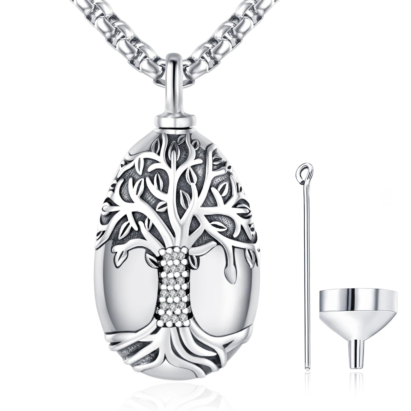 ADMETUS Urn Necklace for Ashes Sterling Silver Tree of Life Urn Pendant Jewelry Teardrop Cremation Jewelry for Ashes for Men Memorial Gifts