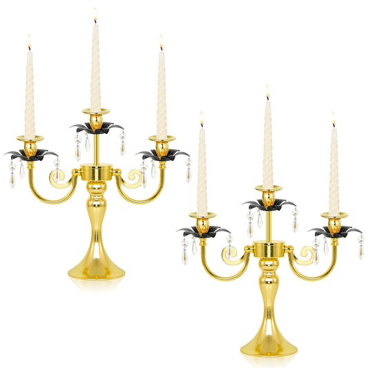2 Pcs 3 Arm Black and Gold Metal Candelabra with Crystal Pendants - 11.8 Inch Tall Candle Holders, Elegant Taper Candlestick Stand for Wedding, Dining Table, Christmas Party Home Decoration