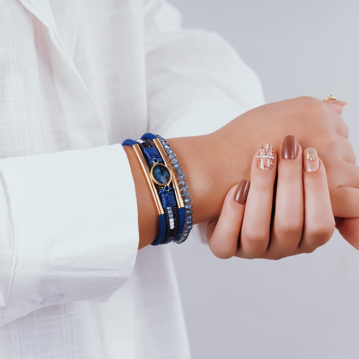 Becklynn Boho Leather Wrap Bracelets Beaded Crystal Stackable Cuff Bracelet with Magnetic Clasp Cowboy Cowgirl County Concert Outfits Western Jewelry Gifts for Women(Crystal Navy Blue)