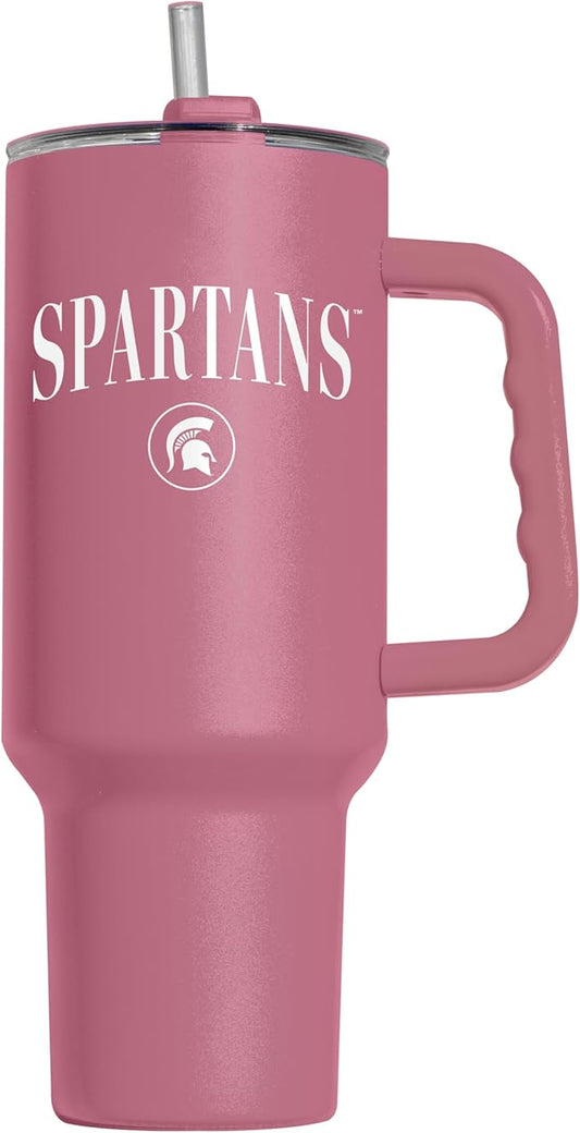 Logo Brands NCAA Michigan State Spartans Berry 40 oz Tumbler with Handle - Stylish Everyday Use Powder Coated-Stainless Steel with Straw- Keeps Cold For Hours