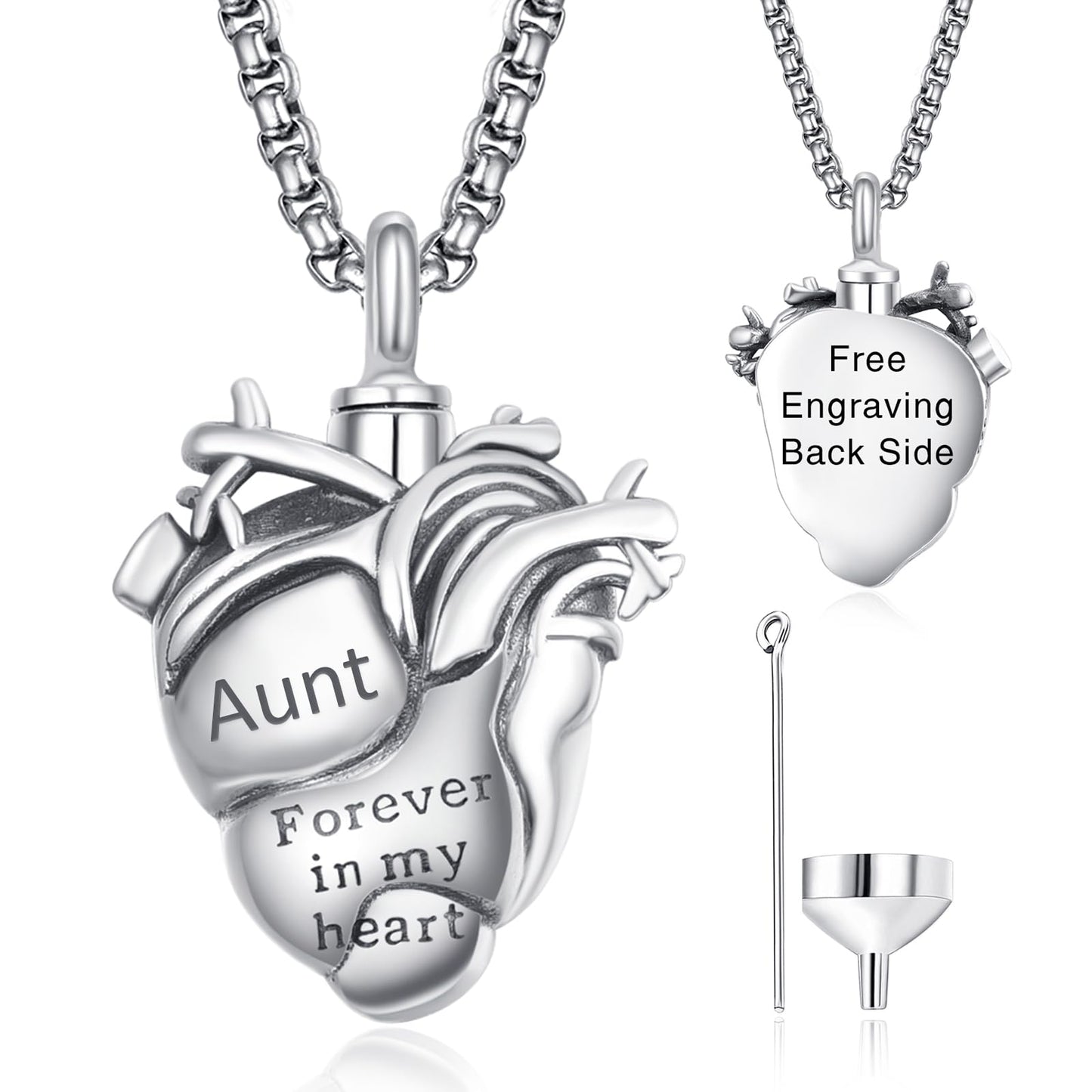 Personalized Anatomical Heart Urn Necklaces for Ashes Sterling Silver Ash Pendants Cremation Jewelry Aunt Keepsake Pendant Memorial Jewelry Gifts for Loss of Aunt