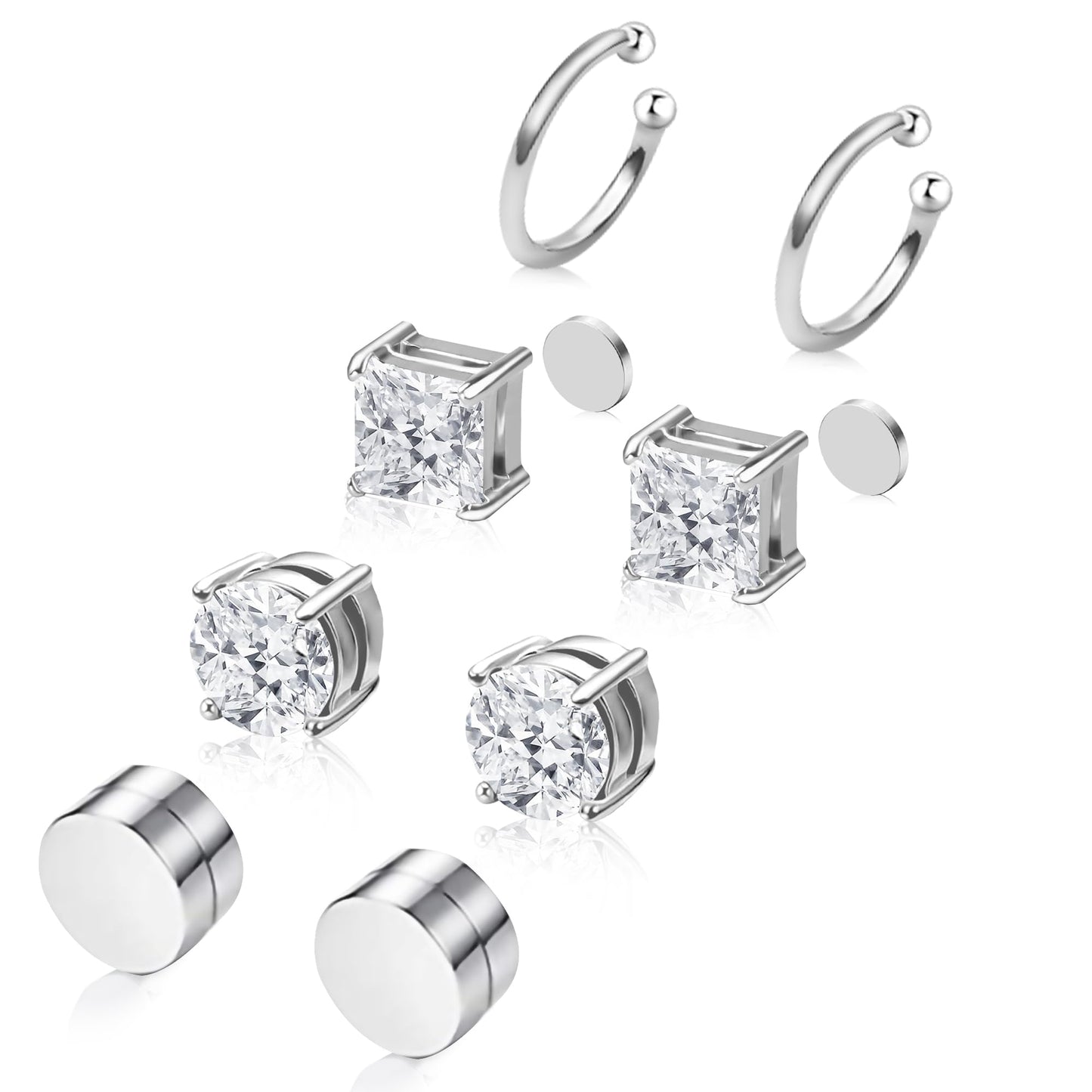 Trinckle Magnetic Earrings for Men and Women, 4 Pairs Clip on Earrings Silver Stainless Steel Studs Hypoallergenic Ear Cuffs Non Piercing Magnet Cubic Zirconia Studs Silver Jewelry