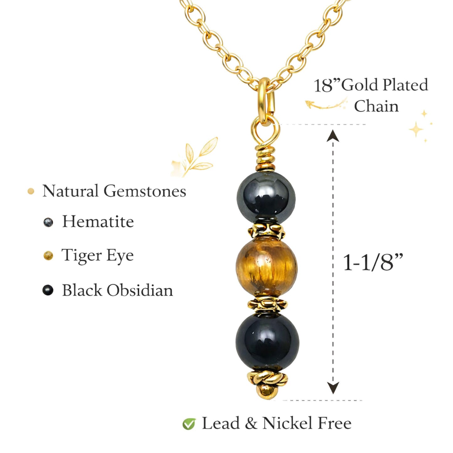 EnCharmed Antique Gold Triple Protection Necklace, Handmade Healing Jewelry for Luck Prosperity Happiness, Natural Hematite Tiger Eye and Black Obsidian Pendant, Spiritual Gift for Men or Women