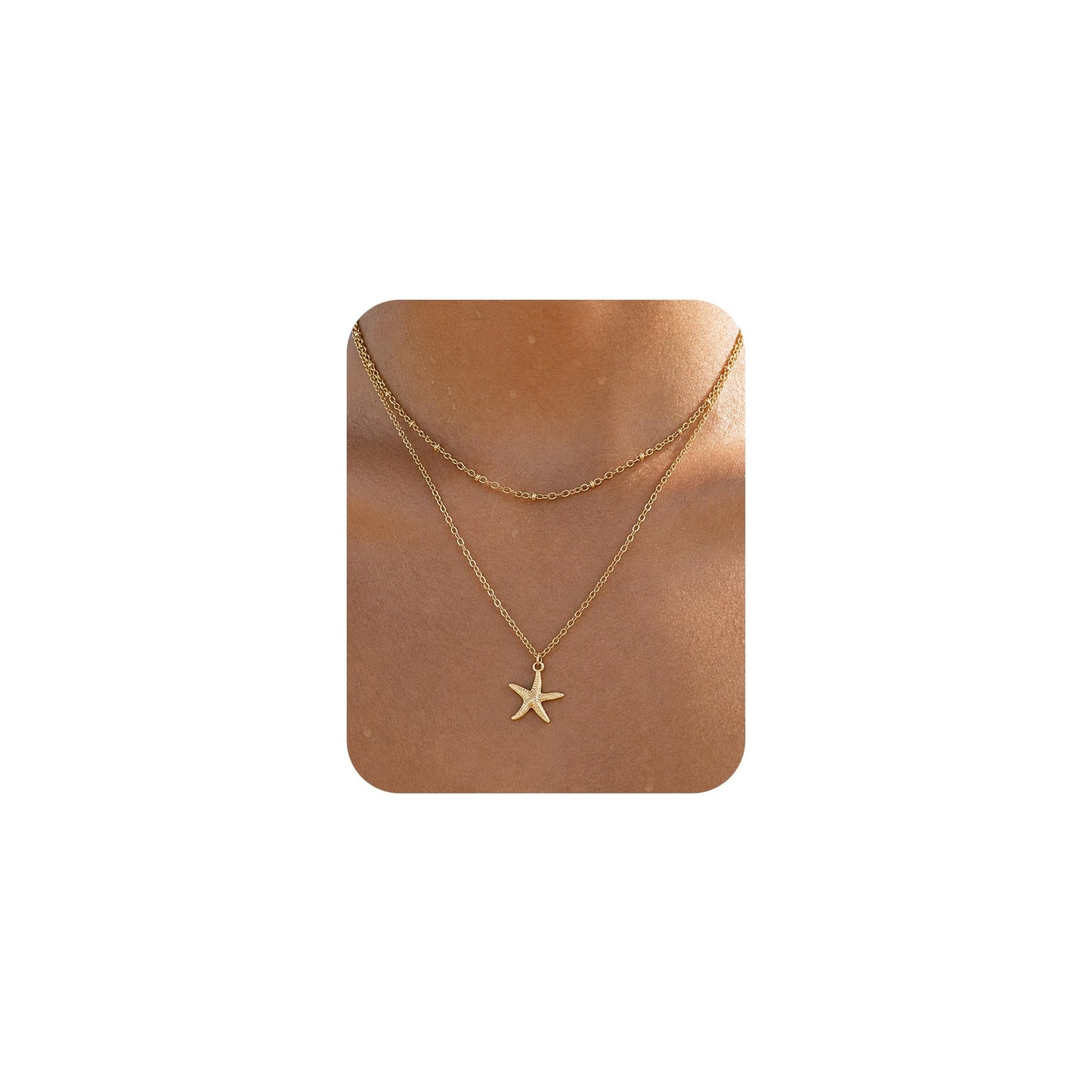 Starfish Necklace Beach Summer Layered Necklaces for Women Non Tarnish Waterproof 14K Gold Plated Necklace Stack Dainty Choker Beaded Chain Cute Star fish Pendant Ocean Charm Trendy Summer Beach Vacation Jewelry Gift (2pcs-Starfish Necklace)