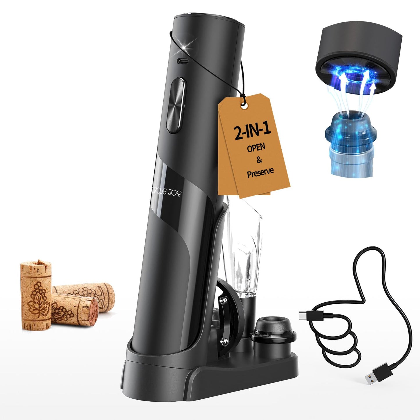 CIRCLE JOY Rechargeable Wine Opener Electric Wine Bottle Opener 7-in-1 Wine Gift Set with Electric Vacuum Pump, Charging Station, Foil Cutter, Wine Aerator Pourer and 2 Wine Stoppers