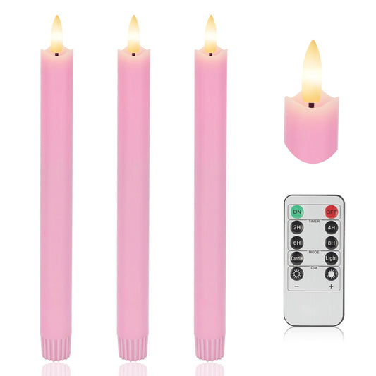 AFINETH Pink Flameless Taper Candles with Rmote, 9.6" Real Wax Battery Operated Candles with 3D Wick, 3 Pack Led Candlesticks Flickering, Electric Candlesticks for Home, Wedding, Party Decor