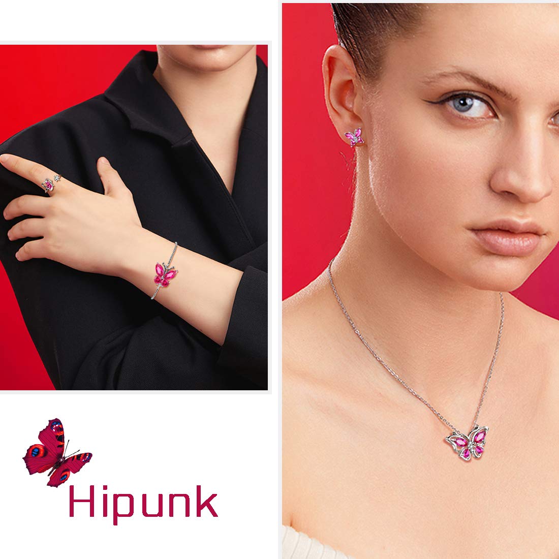 Hipunk Butterfly Red Jewelry Sets Birthstone Women 925 Sterling Silver July-Ruby Birth Stone Animal Butterflies Jewelry Sets/Earring/Ring/Bracelet Set Crystal Birthday Jewelry SS0003R