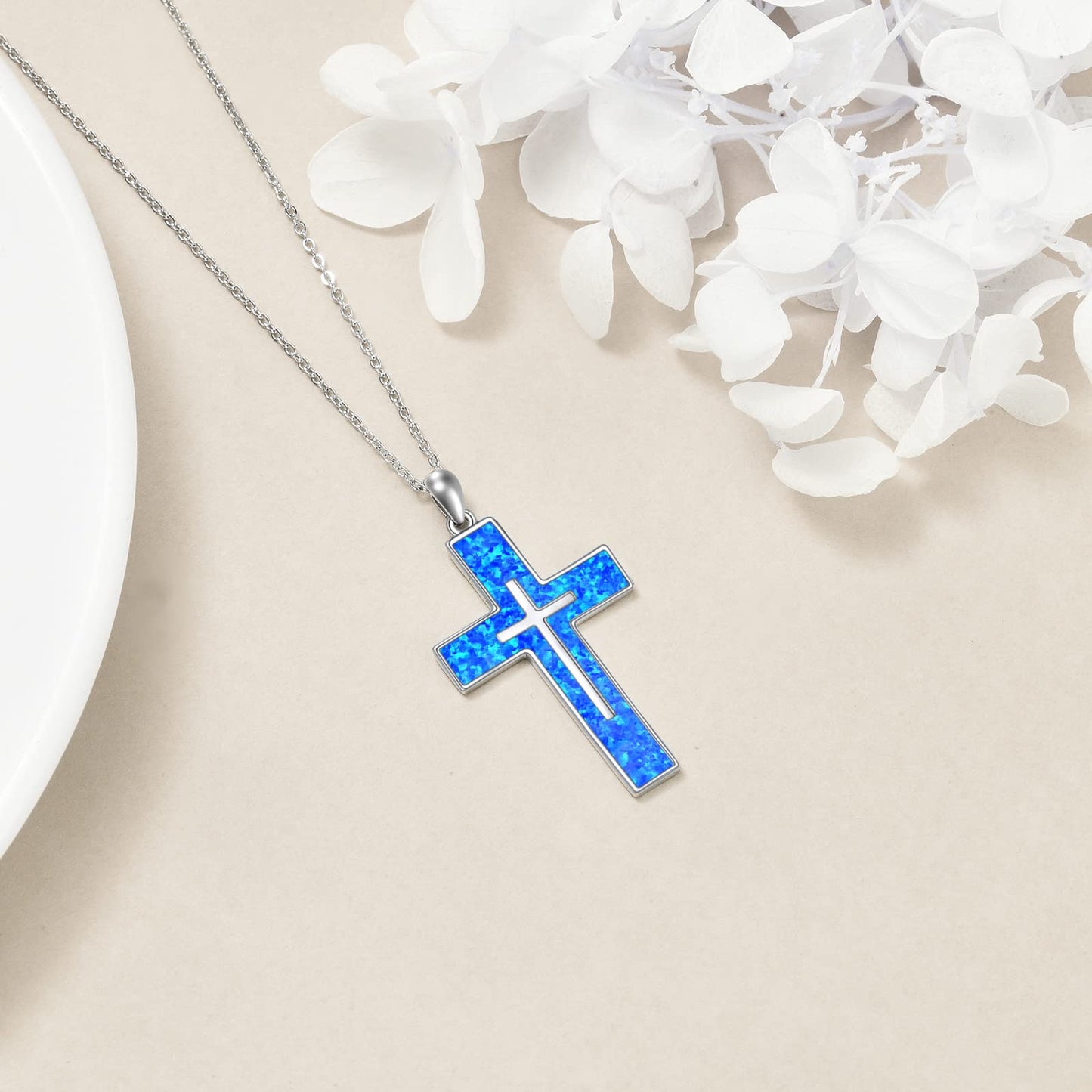 YFN Opal Cross Necklace Sterling Silver Cross Pendant Jewelry Gifts for Women Men