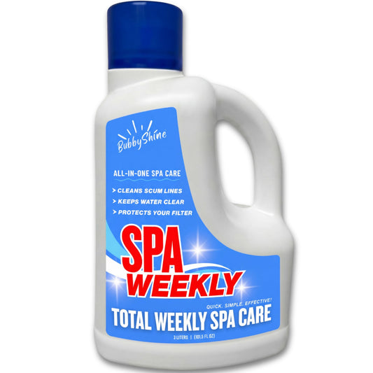 5-in-1 Hot Tub Chemicals – Spa Weekly Enzyme Cleaner & Clarifier, Scum Line Cleaner, Filter Protector + Water Conditioner, Clear Finish for Spas & Inflatable Tubs, 3 Liter (101.5 fl oz) – BubbyShine