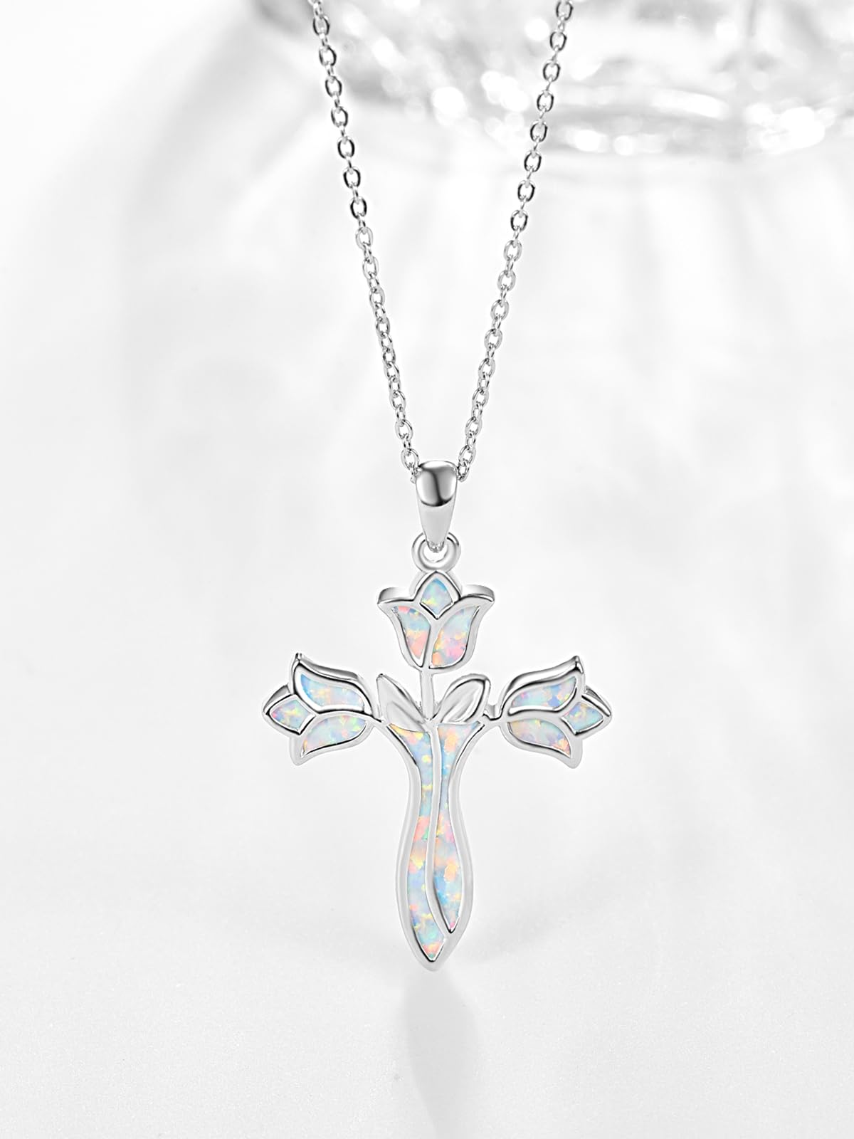 Dreamboat Opal Cross Necklace for Women Sterling Silver Cross Pendant Christian Necklace Tulip Rose Faith Confirmation Gifts Religious Jewelry for Mom
