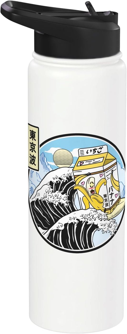 Surfing Banana Milk Carton Kanagawa Wave Japan Kawaii Anime Stainless Steel Insulated Water Bottle