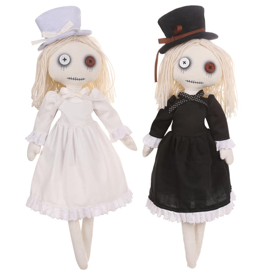 AiMiAO 2 Pack Gothic Rag Dolls, Halloween Decorative Dolls with Hats, Creepy Cute Fabric Dolls for Spooky Party Collection