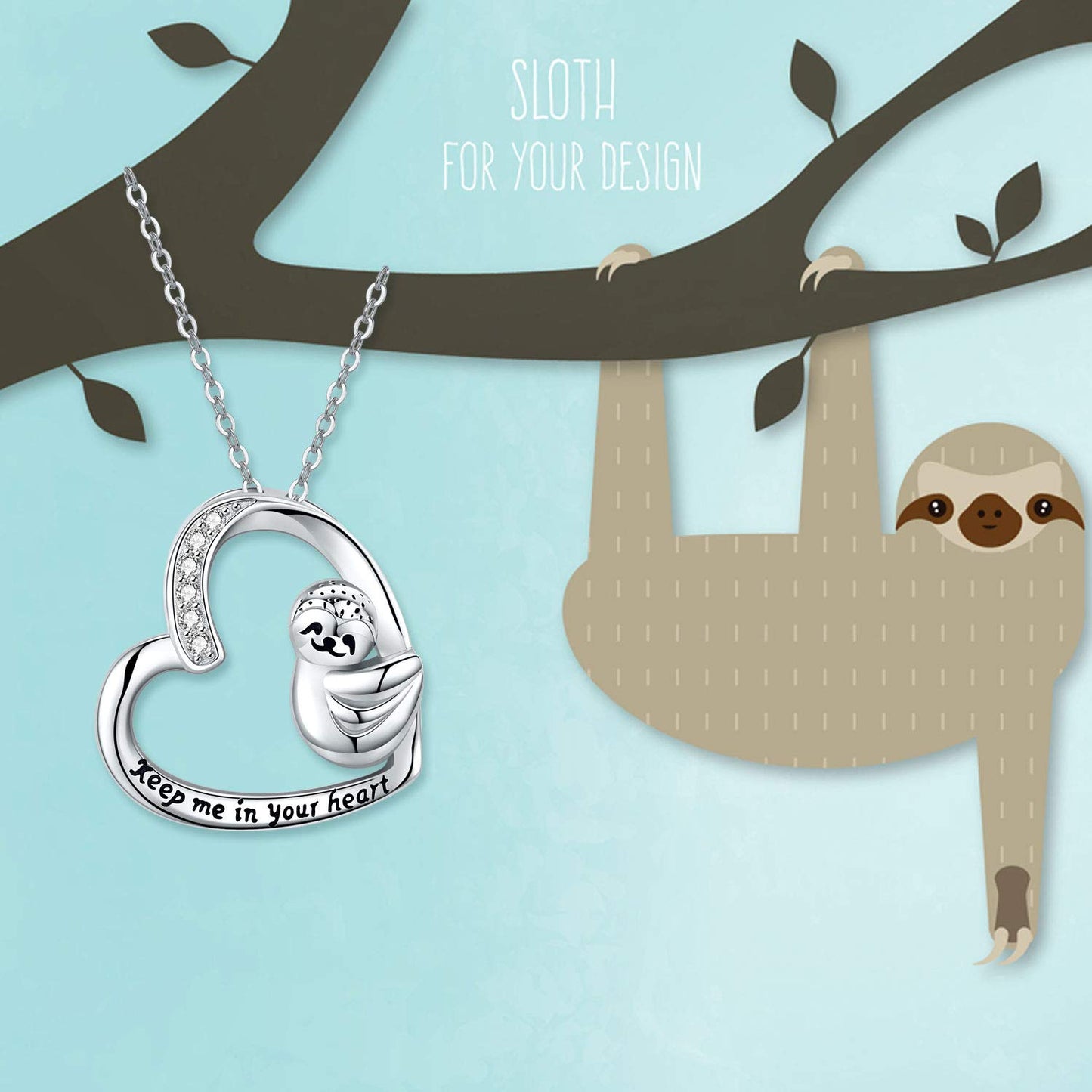 JUSTKIDSTOY S925 Sterling Silver Sloth Necklace “Keep Me in Your Heart”Animal Pendant Necklaces for Women Sloths Lovers Gifts