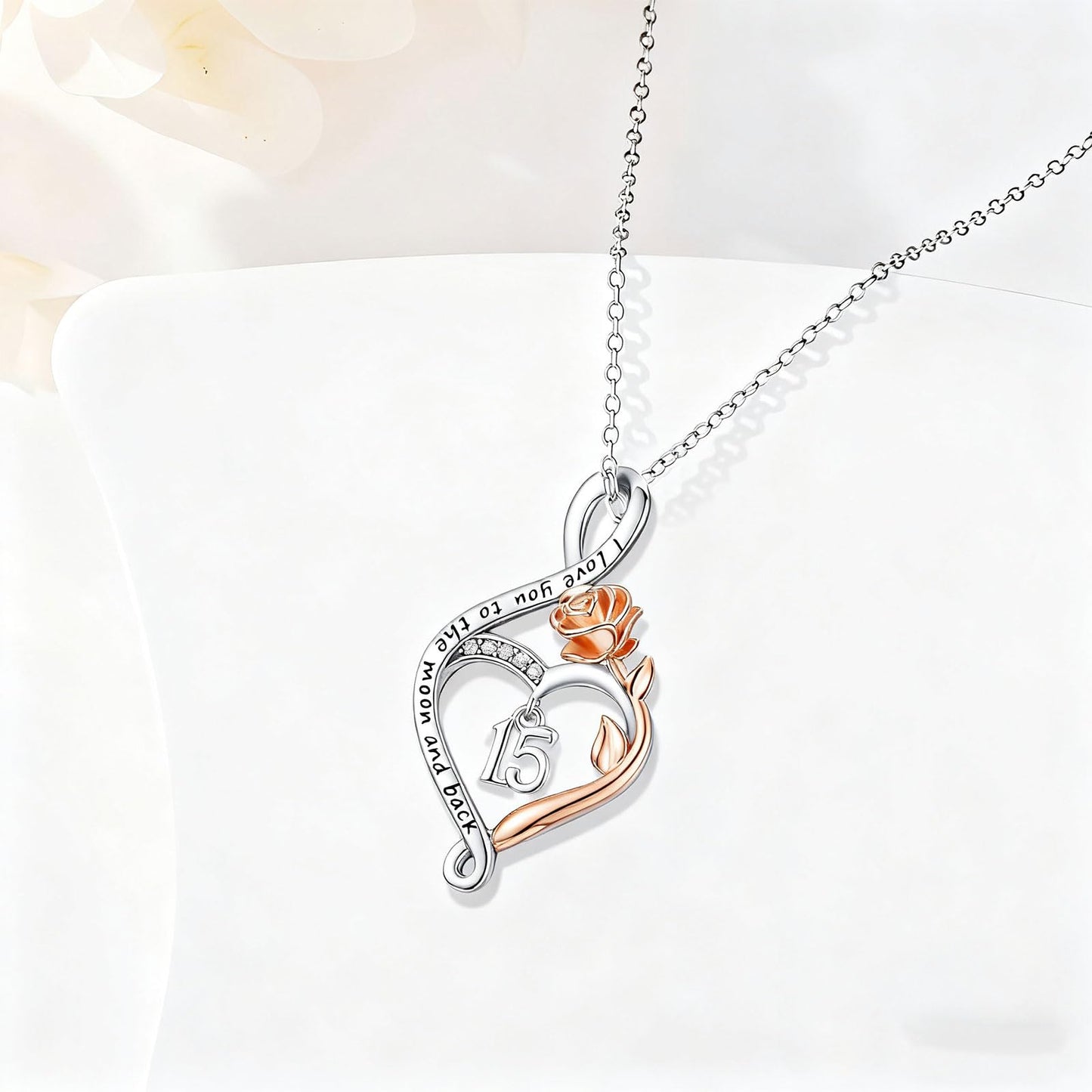 KoyeKei 15th Birthday Quinceanera Gifts for Daughter 15 Year Old Necklace 925 Sterling Silver Rose Flower Heart Infinity Pendant Jewelry Birthday Gift for Women Granddaughter