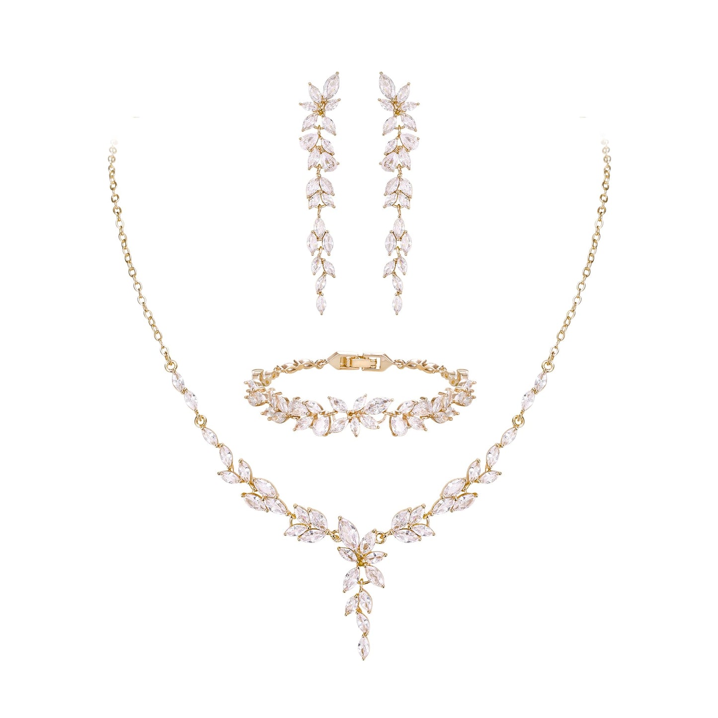 EVER FAITH Cubic Zirconia Bridal Jewelry Set for Bride Bridesmaid, Elegant Marquise Leaf Flower Wedding Prom Necklace Dangle Earrings Bracelet Sets for Women Clear Gold-Plated-Brass