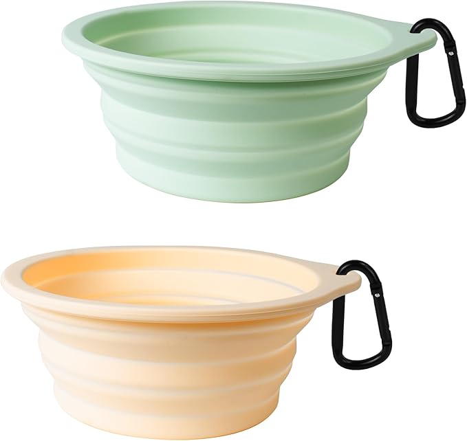 PetBonus 2-Pack Large Silicone Collapsible Dog Bowls, 34oz/1000ml BPA Free Portable Foldable Travel Bowl for Pet Cat, Food Water Feeding Dish for Camping with 2 Carabiners (Light Mint, Beige Cream)