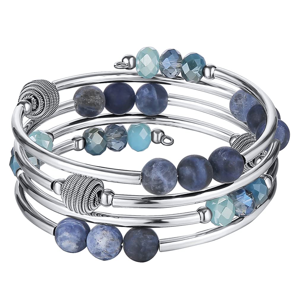 PEARL&CLUB Bead Crystal Wrap Bangle Bracelet - Fashion Jewelry Beaded Bracelet with Silver Metal, Gifts for Women(61-Blue)