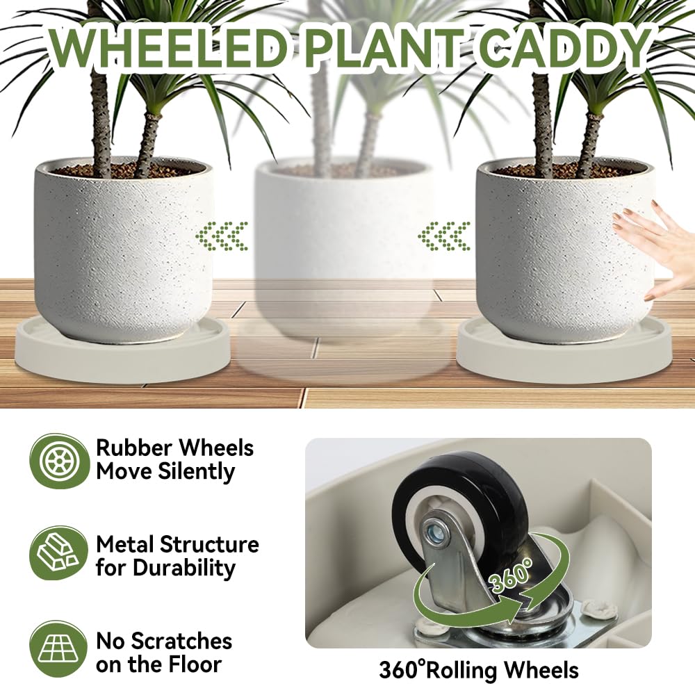 UoeRing Plant Caddy with Hidden Wheels 11 Inch Heavy Duty Rolling Plant Stand, Indoor Outdoor Plant Saucer Tray with $9.9 Garden Tools (Beige)