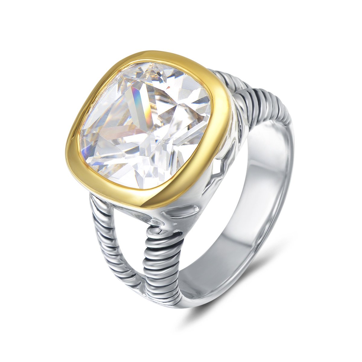 UNY JEWEL Twisted Cable Wire Two Tone Cusion Cut CZ Statement Ring Designer Inspired Fashion Love Antique Women Jewelry Gift (White, 7)