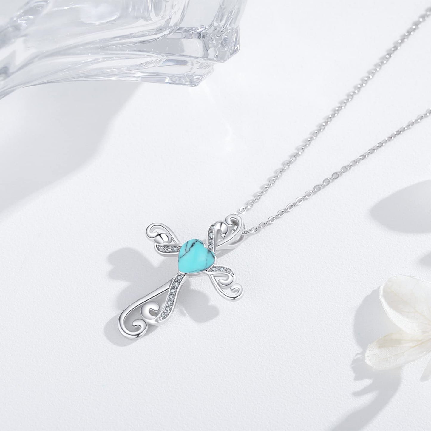 Twoowl Cross Necklace for Women 925 Sterling Silver Turquoise Pendant Cross Necklace Religious Necklace Jewelry Gifts for Women