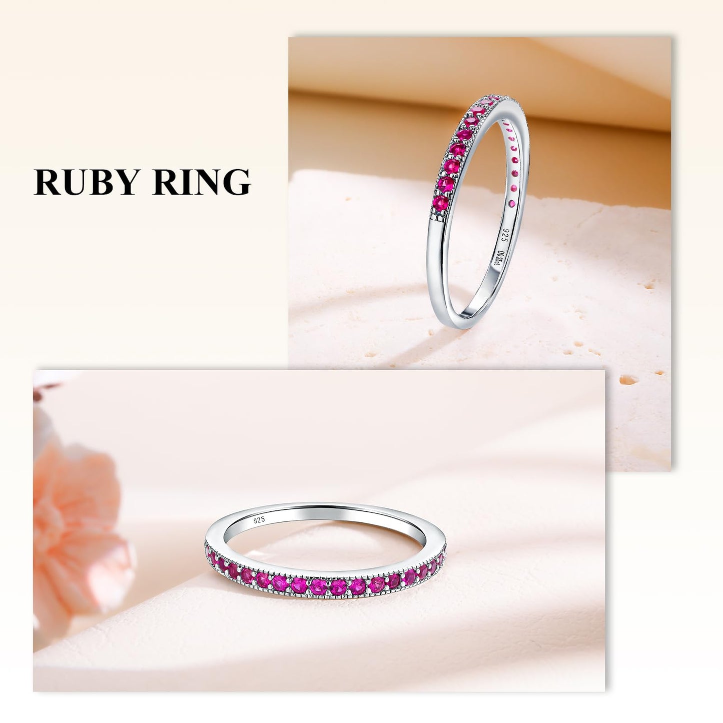 AGRULE Ruby Wedding Band 925 Sterling Silver Created July Birthstone Ring 0.4 Cttw Half Eternity Band Red Gemstone Engagement Rings Stackable Ring for Women, Size 8