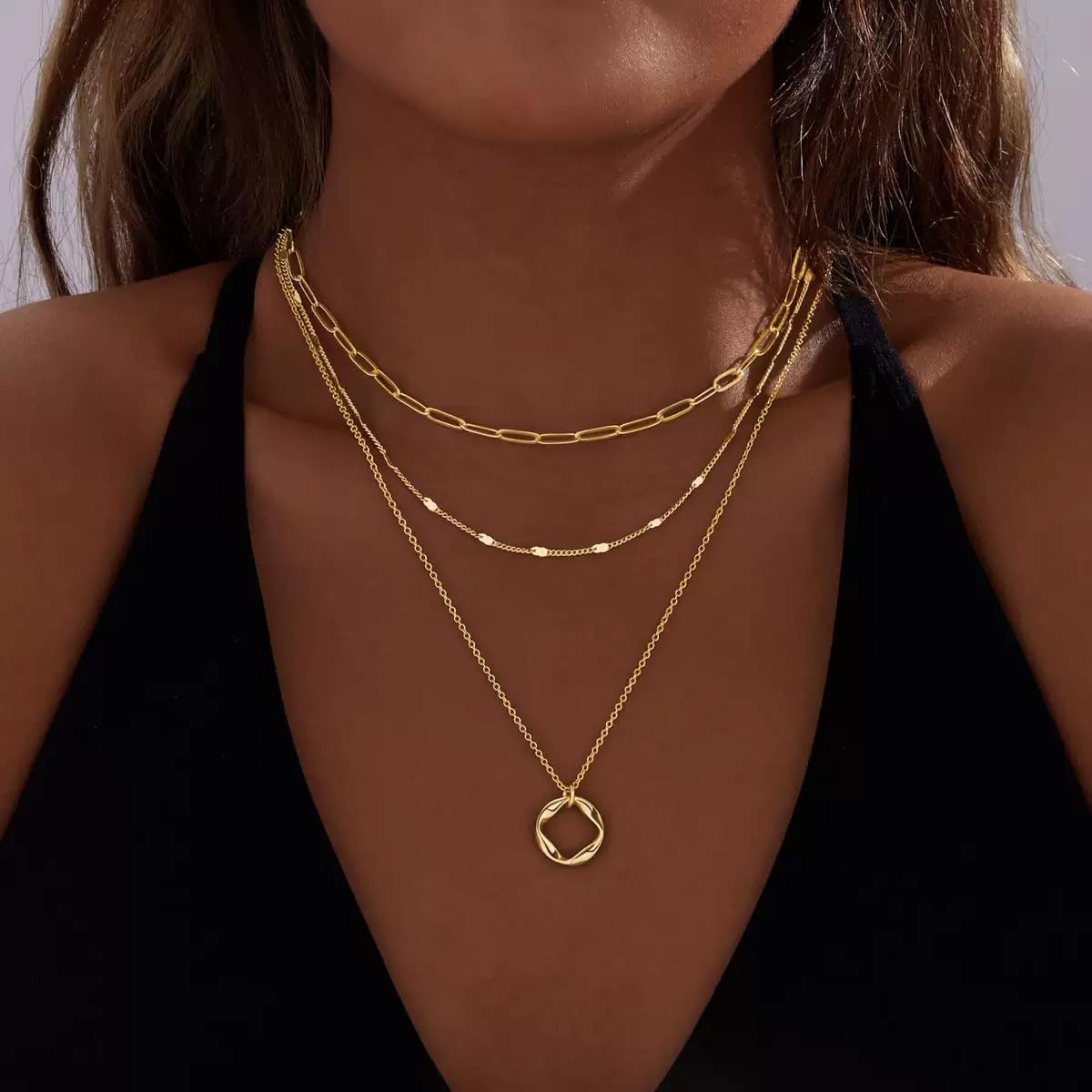 JELLYSEE Gold Necklaces for Women - 14K Gold Plated Layering Necklaces Trendy Circle Paperclip Chain Pendant Choker Necklace, Simple Diamond Cross Bow Jewelry Set Gifts for Women