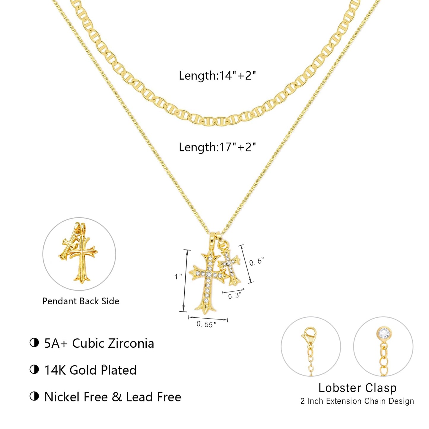 OGD Layered Gold Necklaces for Women 14k Gold Plated Double Cross Necklace for Women Stackable Stacked Stacking Dainty Gold Mariner Chain Necklace CZ Cross Pendant Necklaces Set Simple Jewelry Gift