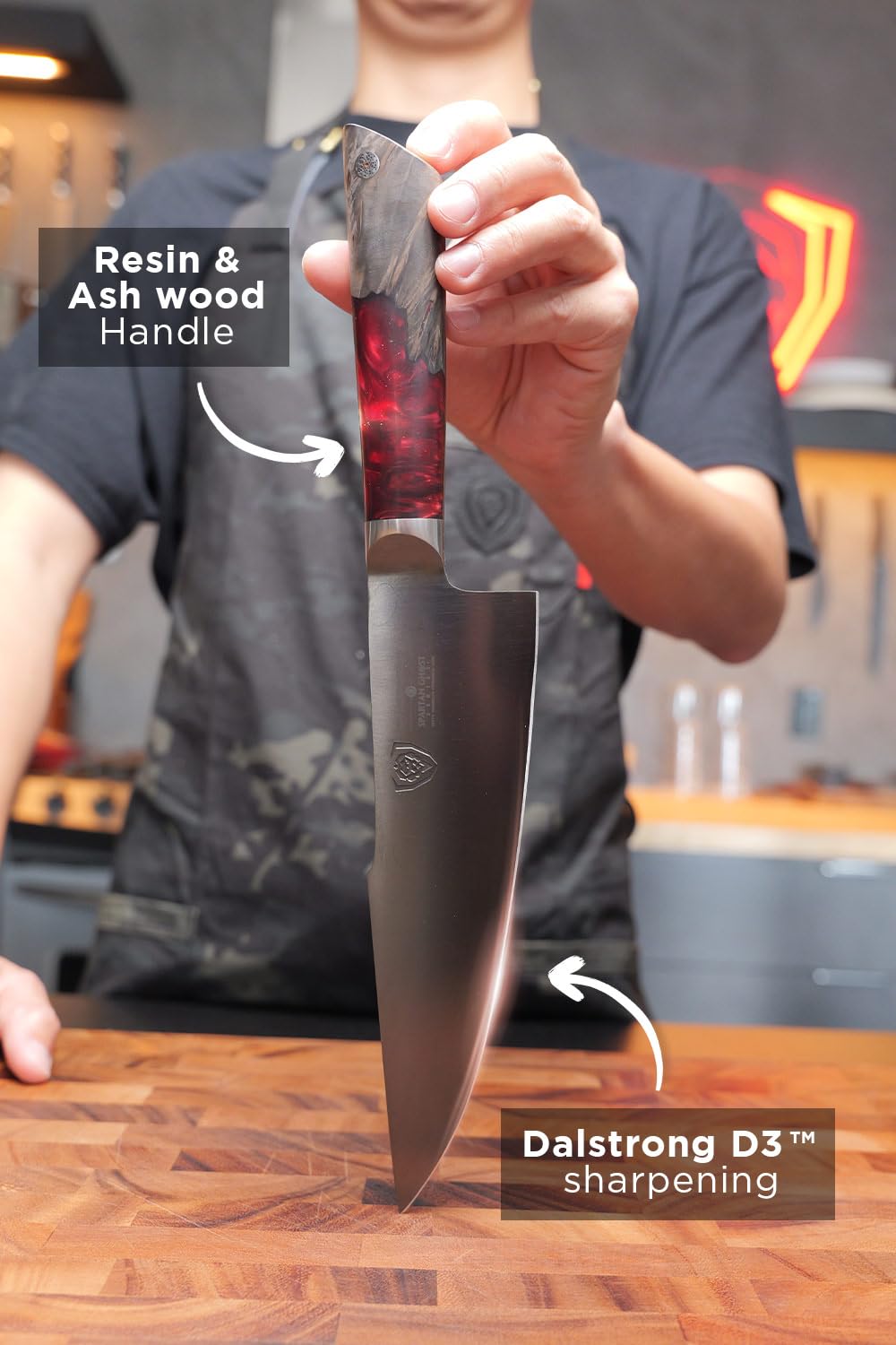 Dalstrong Chef Knife - 8 inch - Spartan Ghost Series - American Forged S35VN Powdered Steel Kitchen Knife - Maple & Red Resin Handle - Razor Sharp Cooking Knife -Sheath Included