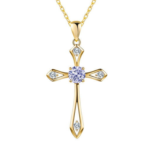 14K Gold Plated Solid Cross Necklace for Women,925 Sterling Silver Ladies Faith Cross Birthstone Pendant Christian Religious Confirmation Baptism Everyday Fine Jewelry Anniversary Birthday Gifts for Her