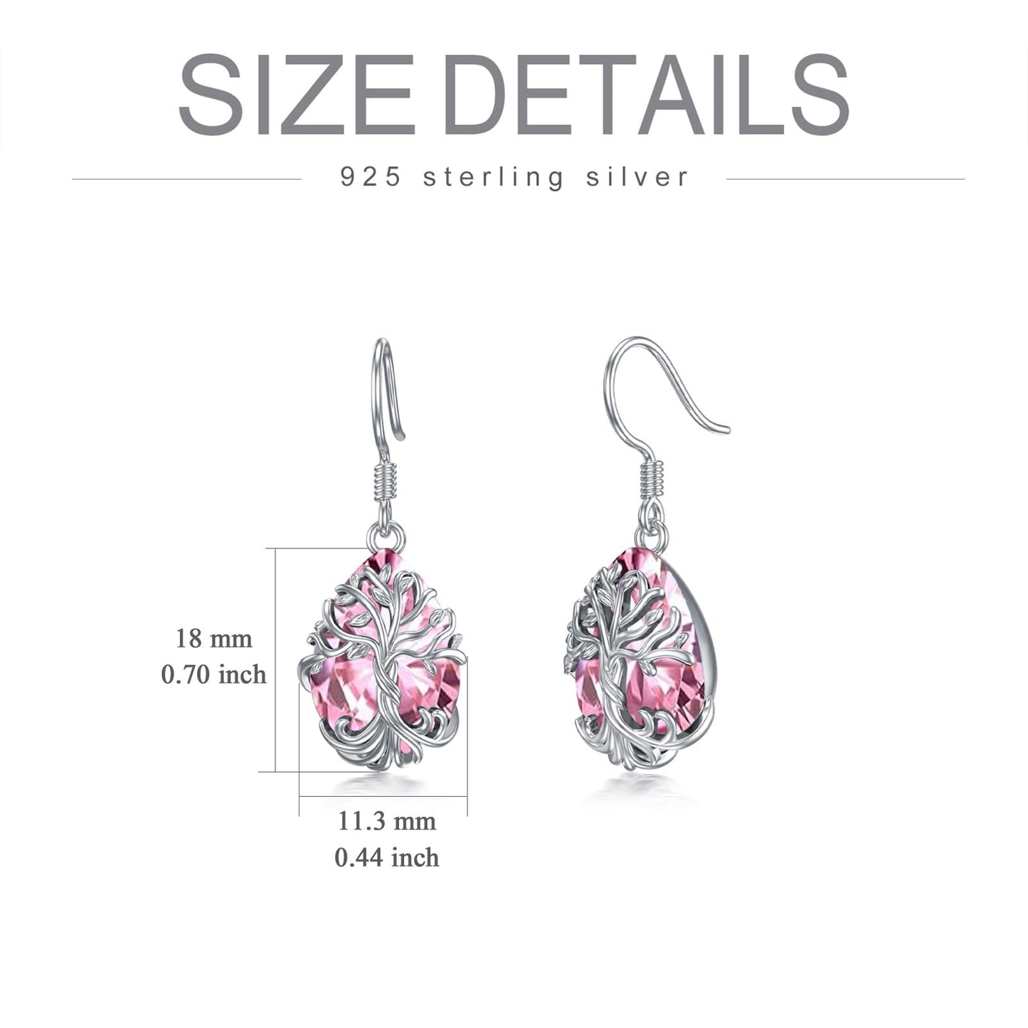 TOUPOP Pink Tourmaline Tree of Life Earrings Sterling Silver Teardrop October Birthstone Earrings Family Tree Pink Tourmaline Jewelry Birthday Mothers Day Gifts for Women Mom Her