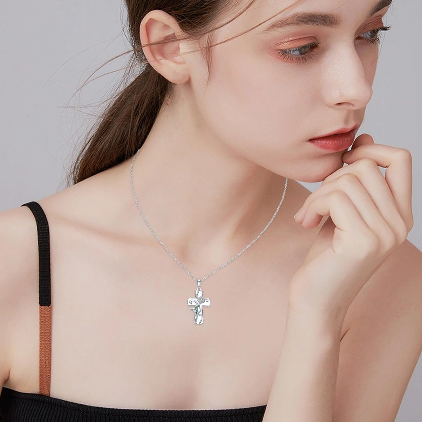 Cross Necklace for Women S925 Sterling Silver Cross Hummingbird Pendant Necklace Protection Jewelry Gifts for Mom Wife Birthday Graduation Anniversary