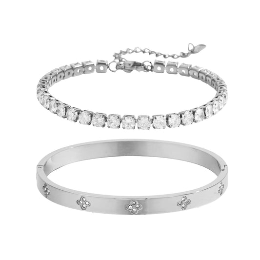 Acnode 2PCS Bangle Bracelets for Women Four Leaf Clover Lucky Bracelets Friendship Love Bangle Bracelets Set Adjustable Tennis Bracelet Non Tarnish Gift Jewelry for Women