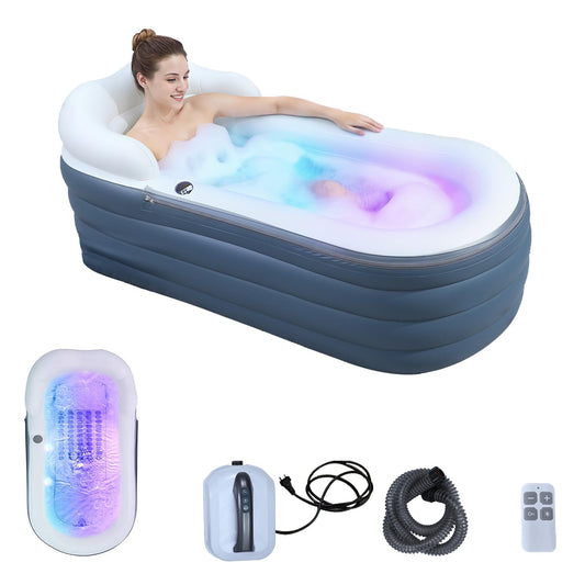 Adult Inflatable Bathtub with Air Bubble Mat, 66'' Portable Spa Water Therapy Soaking Tub with Romantic LED Lights, Pillow/Backrest/Armrests Supported (Air Pump Included)