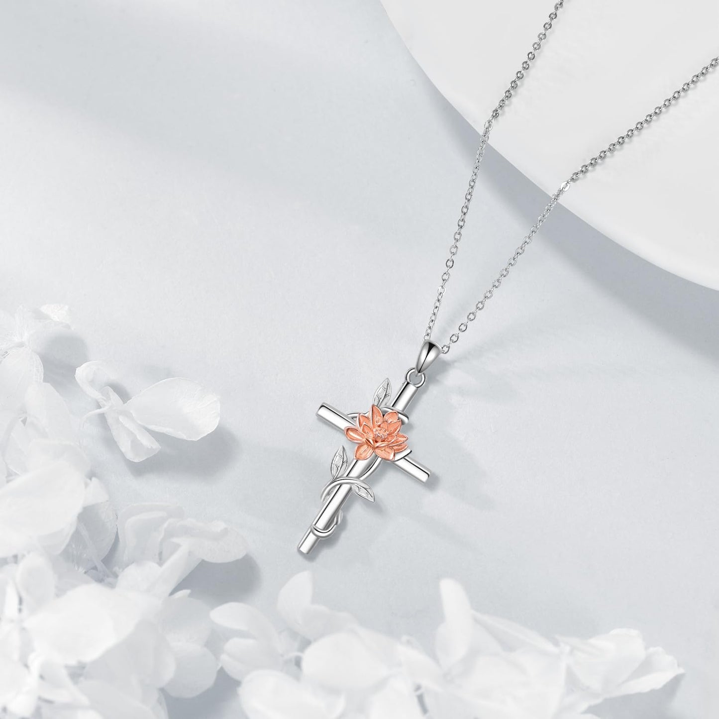Lotus Flower Necklace 925 Sterling Silver Lotus Flower Cross Necklace Birth Flower Jewelry for Women (Lotus)