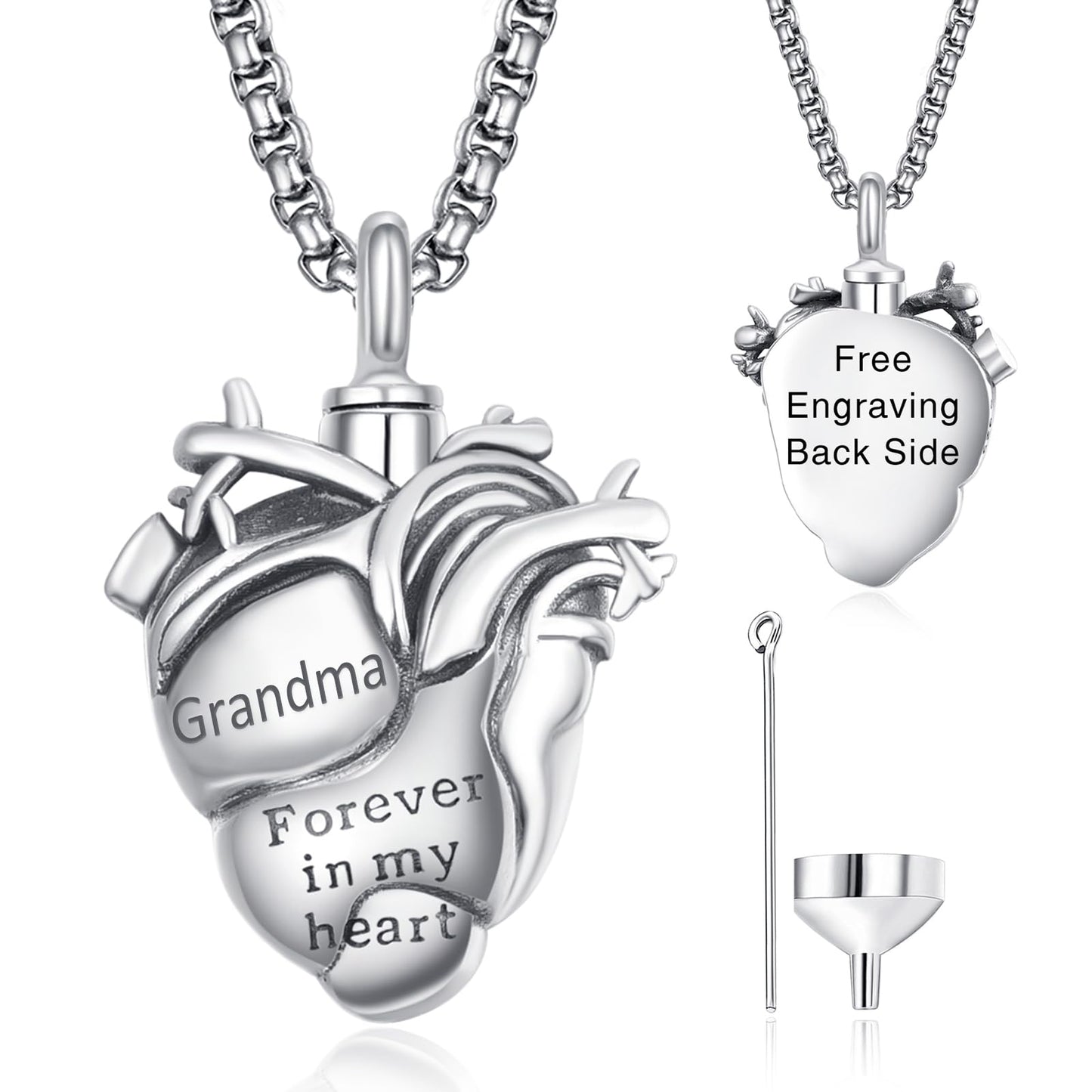 Personalized Anatomical Heart Urn Necklaces for Ashes Sterling Silver Ash Pendants Cremation Jewelry Grandma Keepsake Pendant Memorial Jewelry Gifts for Loss of Grandma