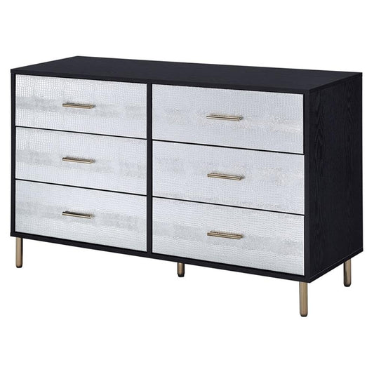 Acme Furniture 6 Drawers Wooden Dresser, Black, Silver and Gold