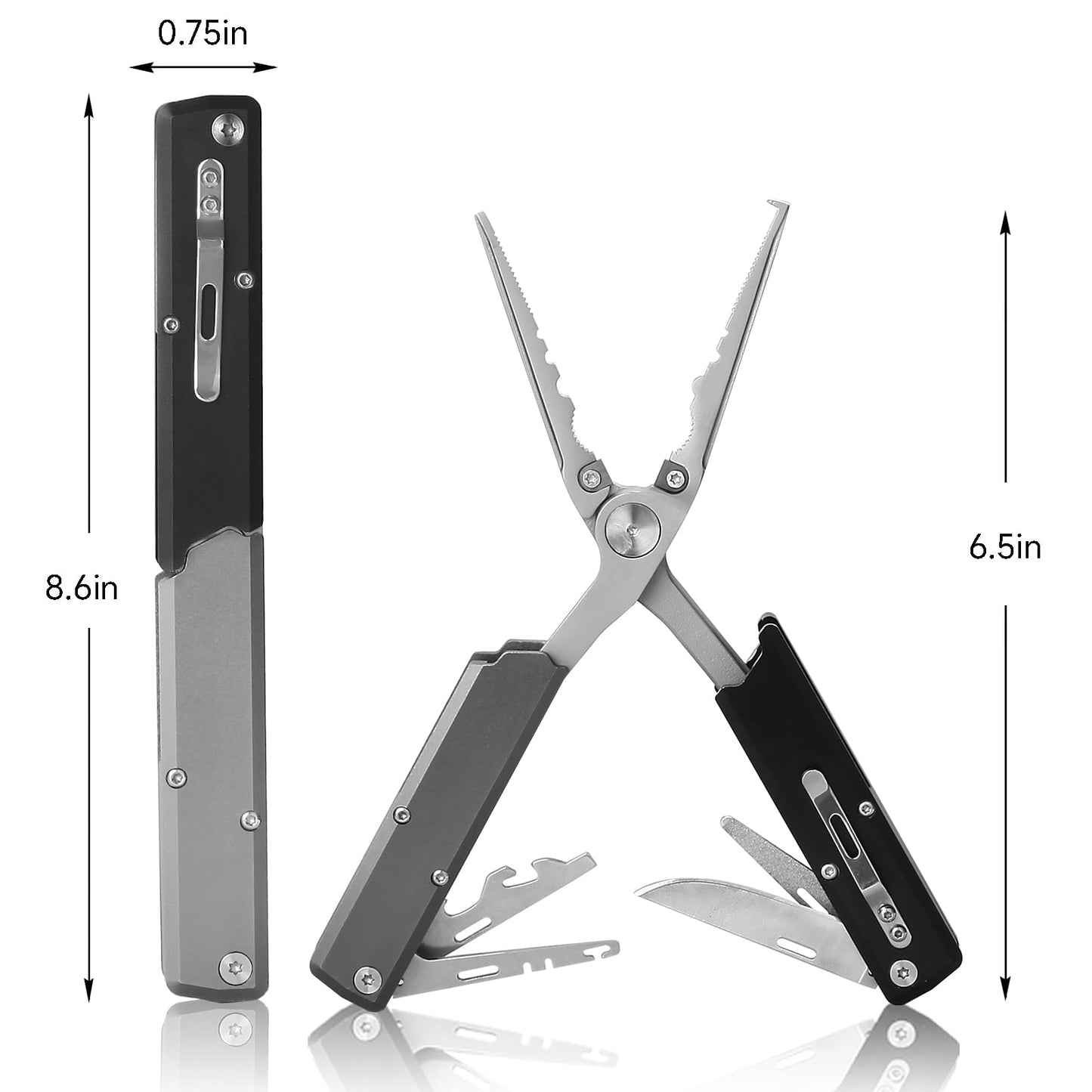 QDX 12-in-1 Saltwater Fishing Pliers & EDC Multitool, Titanium Coated Marine-Grade Stainless Steel Folding Pliers, Gifts for Men, Compact Pen-Sized Braid Cutter, Hook Remover & Split Ring fishing gear