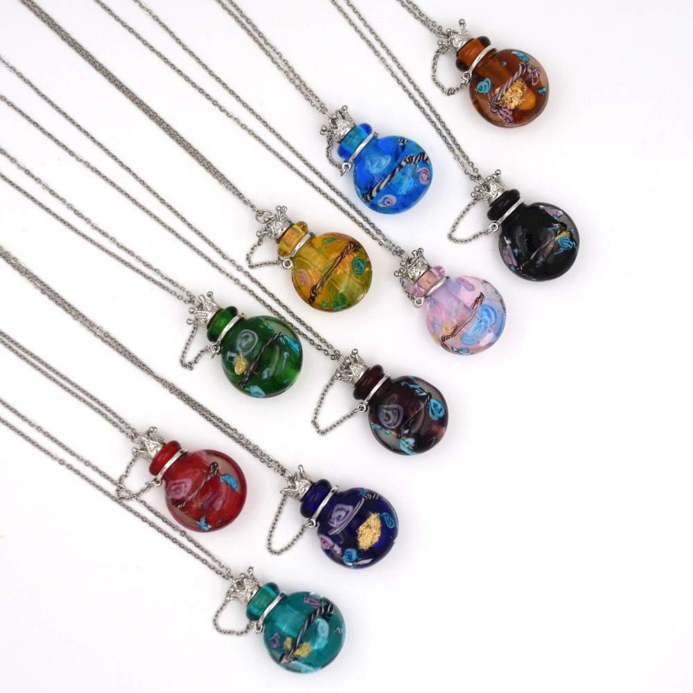 Stainless Steel Colored Glass Pendant Necklace Diffuser Perfume Pendant Aromatherapy Charms (Brown)