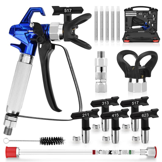 16 Pcs 3600 PSI High Airless Paint Sprayer Gun with Tip Guard,Airless Spray Tip,Filters,Hose Swivel Joint,10Inch(25CM) Spray Painted Extension Pole and Storage Box.(211, 313, 415, 517, 623)