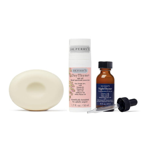 Dr. Perry's Basic Facial Skincare Regimen, 3 Pc. Kit - Vitamin C Night Serum, SPF Skin Protector, Facial Cleansing Bar