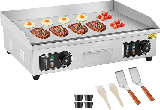 VEVOR Upgraded Commercial Electric Griddle, 2800W Stainless Steel Countertop Flat Top Grill, 26'' Griddle Grill with 2 Shovels and 2 Brushes, 122℉-572 ℉ Adjustable Temp, for Home Restaurant(No Plug)