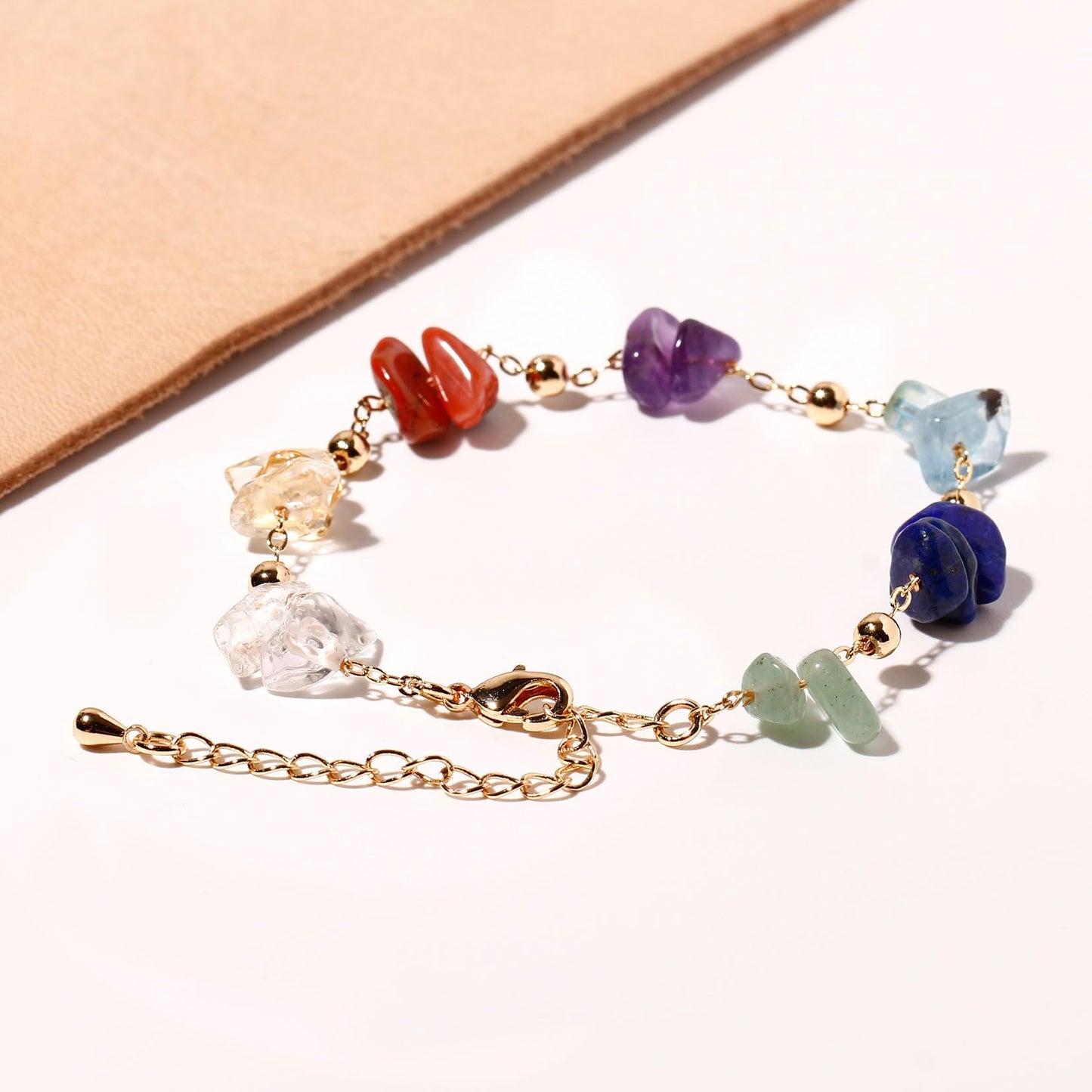 Xfoxstal 7 Chakra Reiki Gemstones Plated 14k Gold Chain Bracelets for Women Meditation Colorful Crystal Chips Beaded Bracelets (6″-8″)