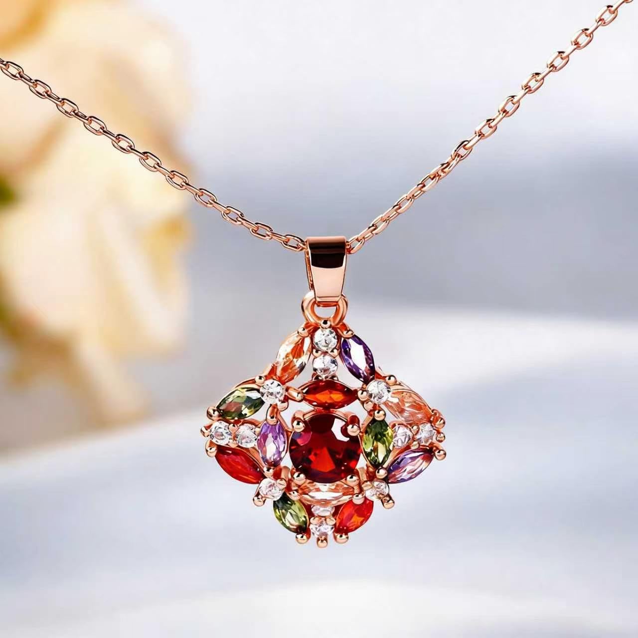 Kim Carrey Italian Elegant Rose Gold Necklace for Ladies | 18K Rose Gold Plated Necklace Pendant for Women | Gemstone necklace, Gift for Daughter, Wife, Mom, Her Jewelry (Elegant Flower)
