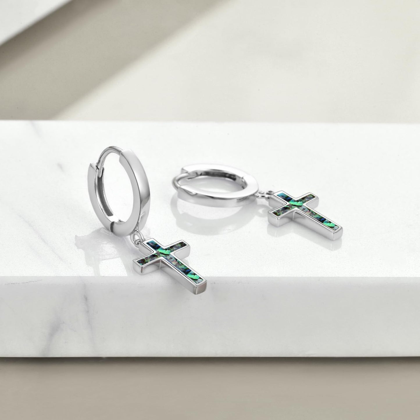 925 Sterling Silver Cross Hoop Earrings Abalone Dangle Drop Earrings Huggie Jewelry Birthday Gifts for Women Men (Abalone Cross)