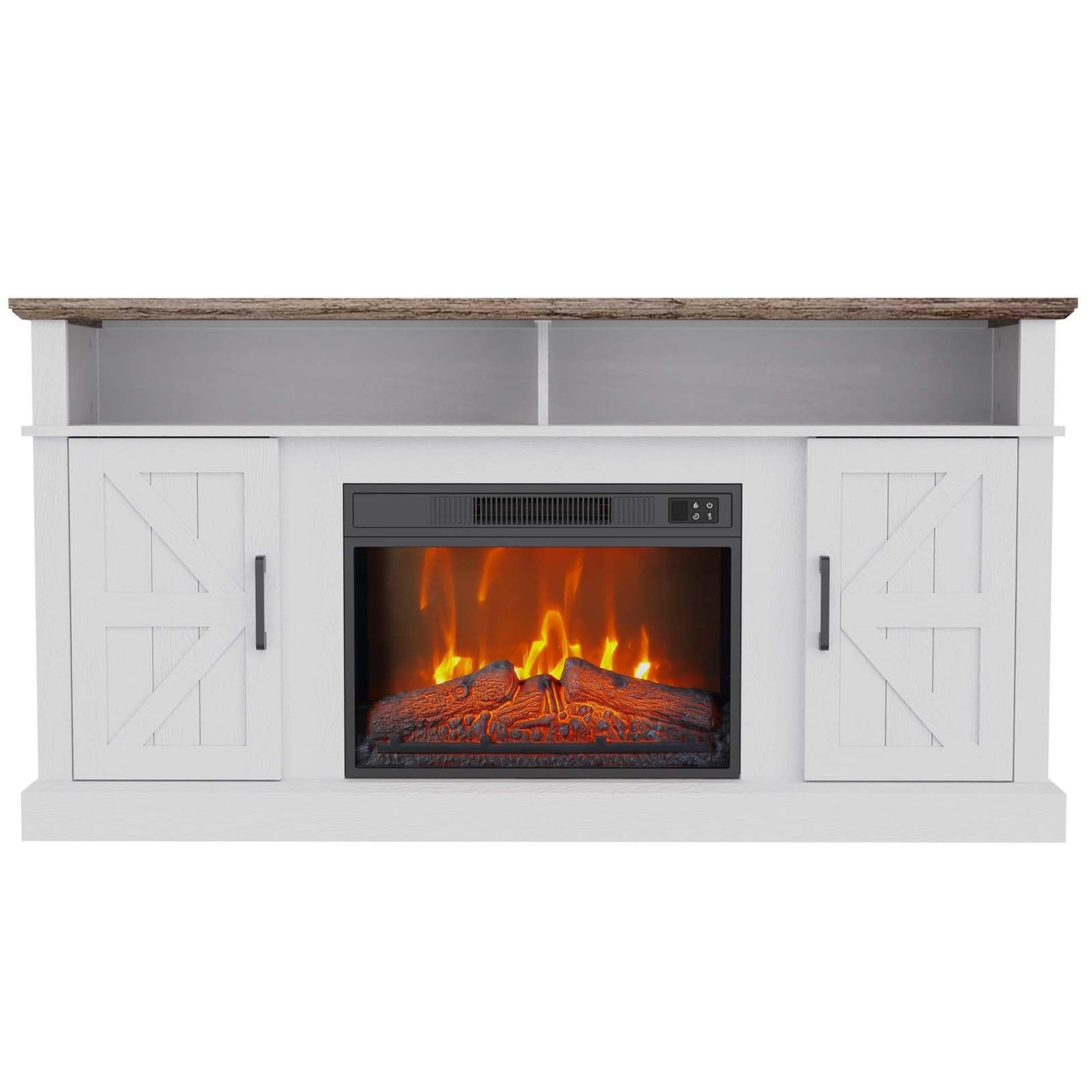 LubanNese Fireplace TV Stand for TVs Up to 65" with 23" Electric Fireplace, Entertainment Center with Storage Cabinet and Open Shelves, Media Console with Barn Doors for Living Room (White)